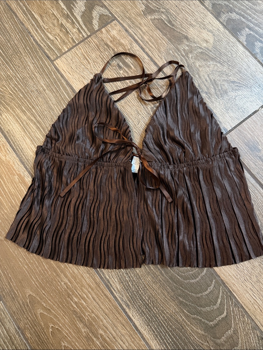 SHEIN Dark Brown Pleated Halter Tie-Front Crop Top